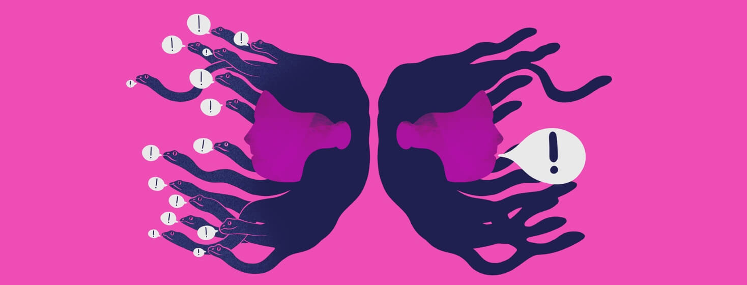 On one side A woman as Medusa as her snakes have many speech bubbles around them, on the other side the same woman with no snakes has a speech bubble around her.