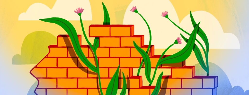 A brick wall shaped like a face is broken in places, with flowers and leaves growing through it toward the light