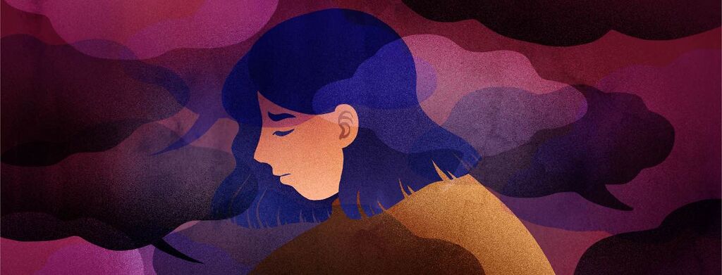 A woman looking sad surrounded by dark colored clouds
