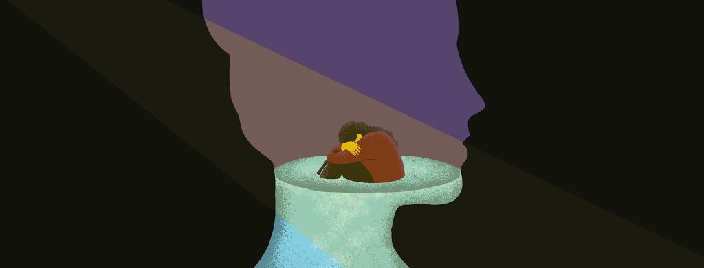 A woman sitting sad, grieving, inside the silhouette of a head filling up with water