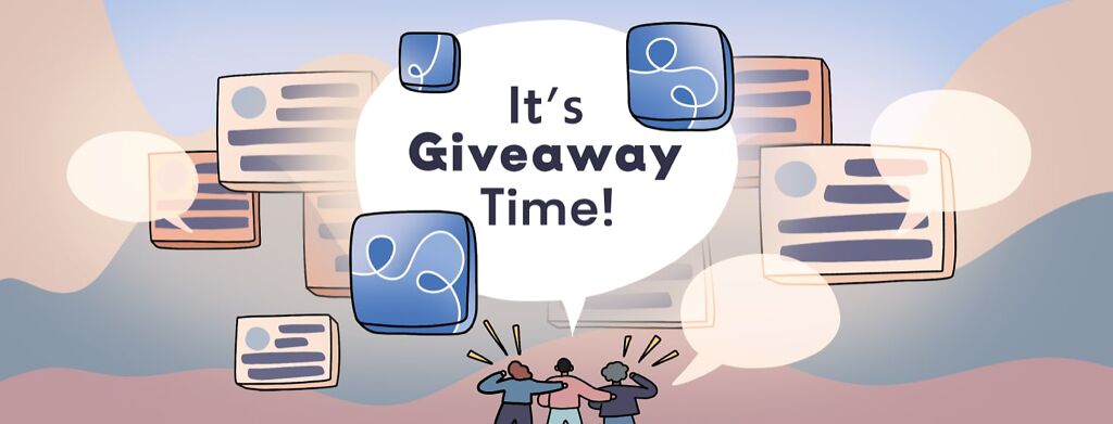 Three people shout out into the sky and look up at a floating speech bubble that says "It's Giveaway Time!" in front of floating forum posts and speech bubbles.