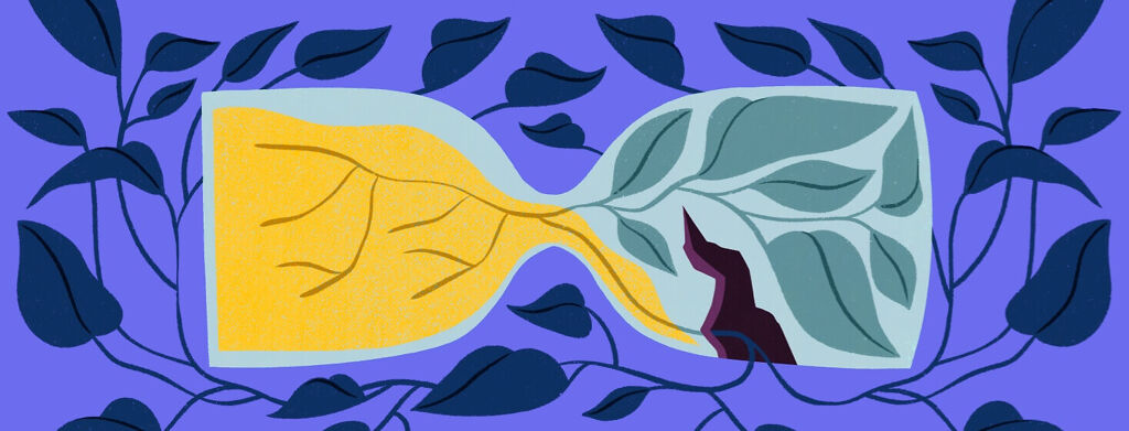 an hour glass with a plant growing inside of it and outside of it through a crack in the glass