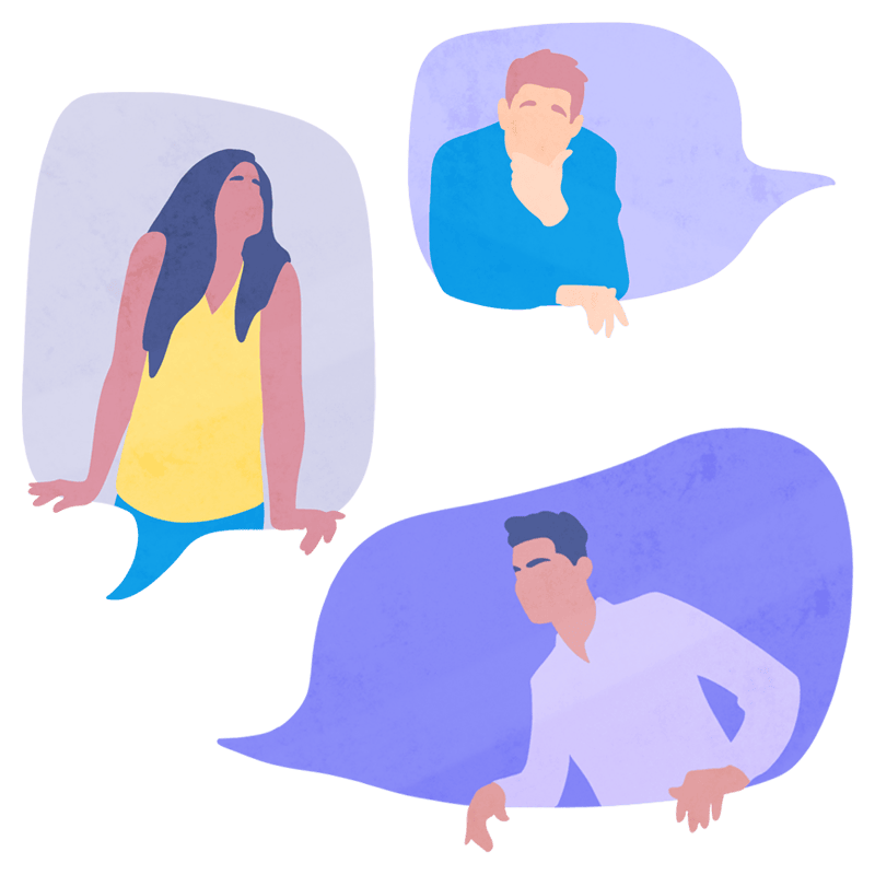 Three people talking to each other inside speech bubbles.
