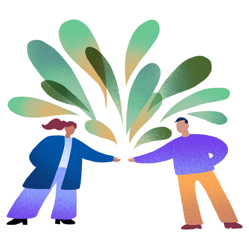 Two people gesturing towards each other as speech bubbles spring up between them.